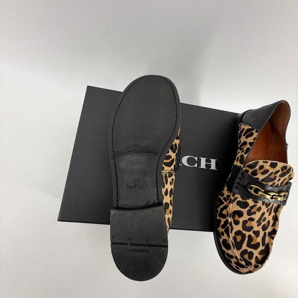 Coach Putnam Leopard Calf Hair Loafers‎ Black Leather Chain G2426 Natural 6.5B